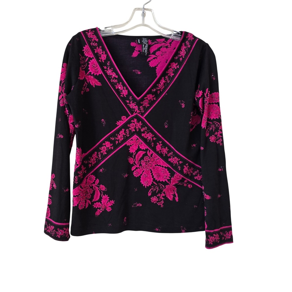 Lynn Ritchie Silk Blend Pink Floral Beaded V-Neck Long Sleeve‎ Top Black Medium